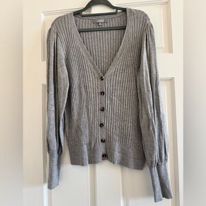 Marled Gray Ribbed Button-Up Sweater, Large